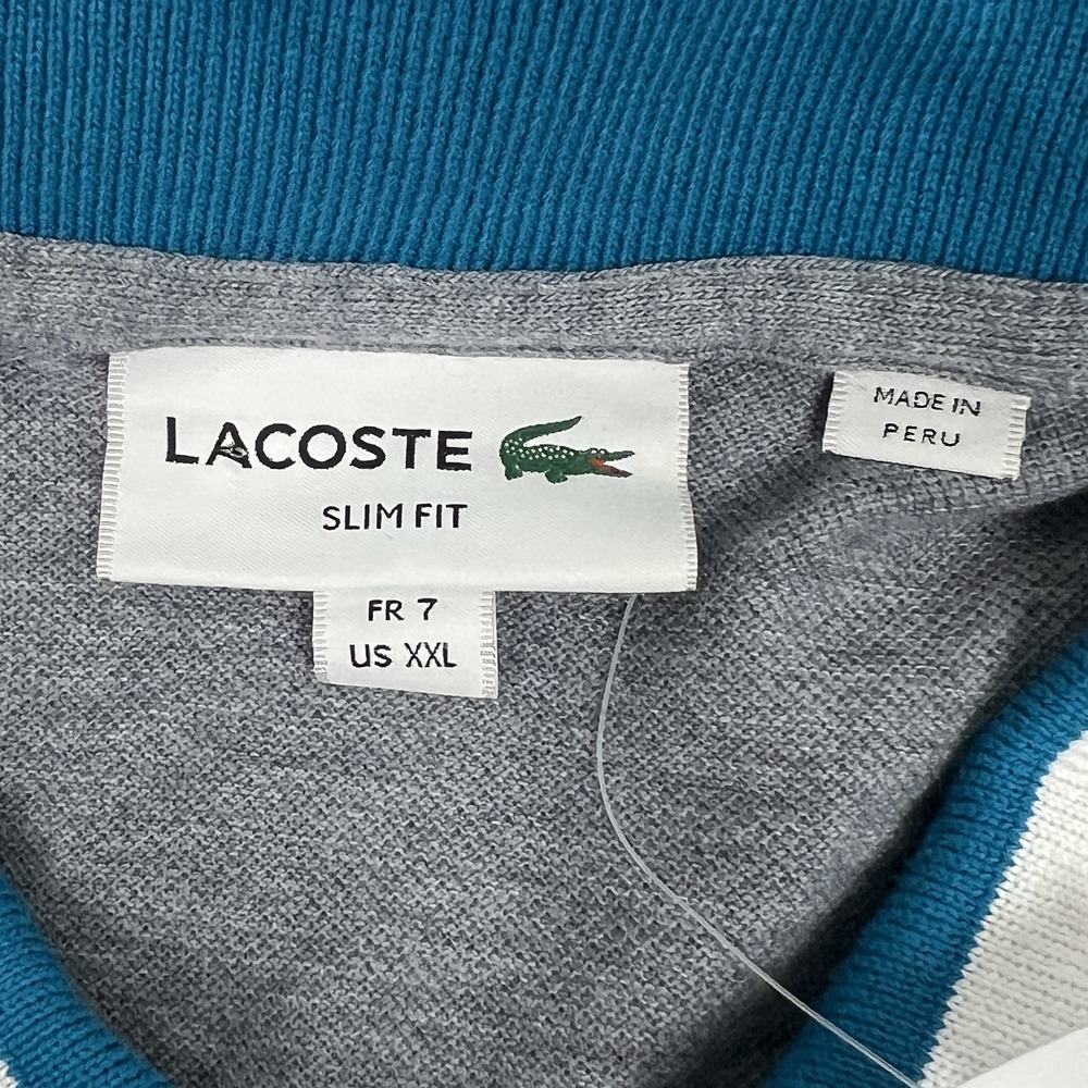 Lacoste Matte Piping Slim Fit Petit Pique Polo Shirt Grey/Blue 7/XXL - Picture 5 of 11